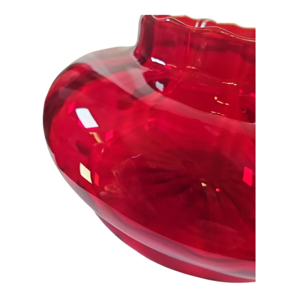 MCM Empoli Art Glass Optic Ruby Red Bowl Vase Lamp Base Scalloped Edge